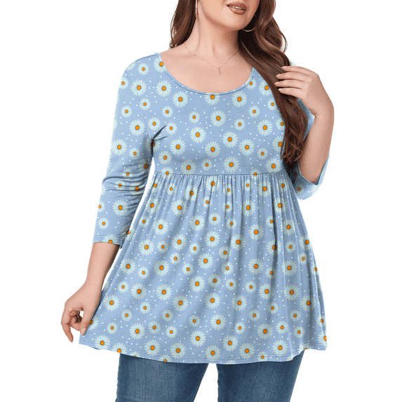 Women's Plus Size Round Neck Tunic Blouse 3/4 Sleeve Floral Loose T-Shirt 0X-5X