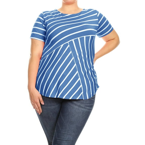 Women's Casual Plus Size Round Scoop Neck Striped T-Shirt Tunic
