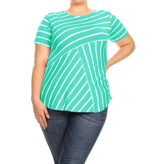 Women's Casual Plus Size Round Scoop Neck Striped T-Shirt Tunic