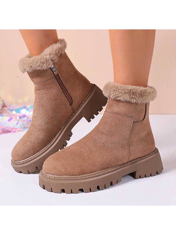 Women's Plus Size Round Toe Thick Heel Side Zipper Hairy Mouth Short Boots