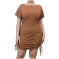 thumbnail image 1 of Women's Plus Size Ruched Drawstring Bodycon Mini Dress Solid Short Sleeve Round Neck Stretch Ribbed Knit Dresses, 1 of 6