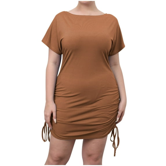 Women's Plus Size Ruched Drawstring Bodycon Mini Dress Solid Short Sleeve Round Neck Stretch Ribbed Knit Dresses