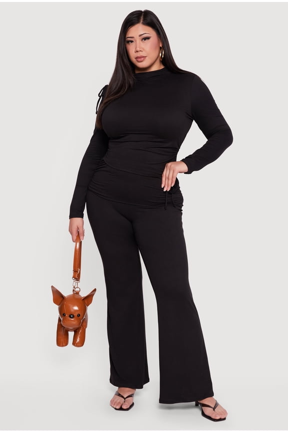 Women's Plus Size Ruched Fold Over Flare Leg Pants