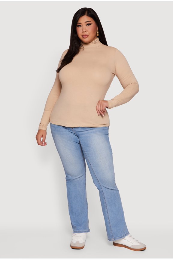 Women's Plus Size Ruched Funnel Neck Long Sleeve Top