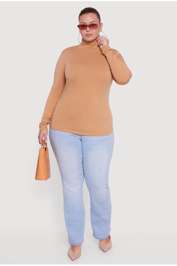 Women's Plus Size Ruched Funnel Neck Long Sleeve Top