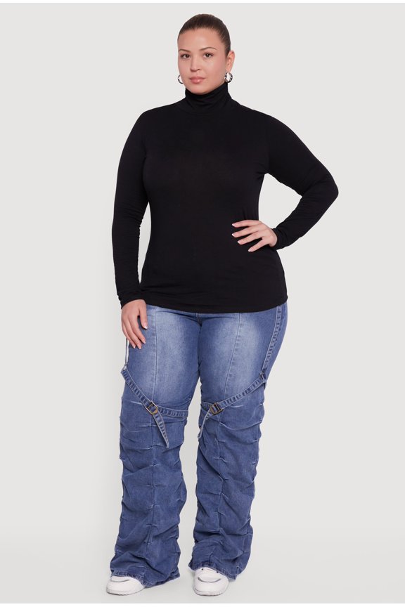 Women's Plus Size Ruched Funnel Neck Long Sleeve Top