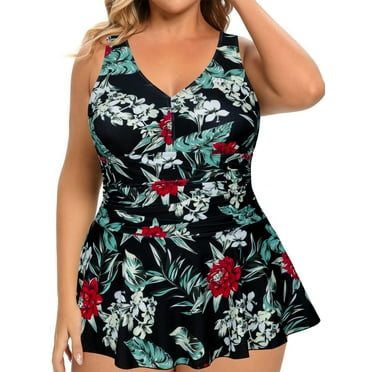 Women's Plus Size Ruched One Piece Swimdress Tummy Control Floral Skirted Swimsuit Bathing Suit