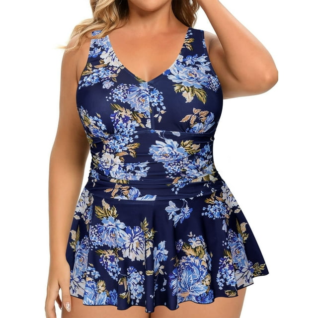 Women's Plus Size Ruched One Piece Swimdress Tummy Control Floral ...