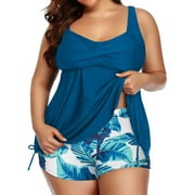 Women's Plus Size Ruched Tankini Swimsuit Flowy 2 Piece Tummy Control Bathing Suits with Shorts