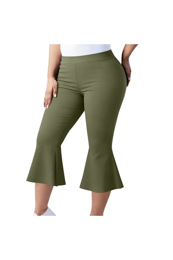 Women's Plus Size Ruffle Capris Pant High Waist Stretch Casual Flare Leg Pants Leggings Bell Bottom Pants