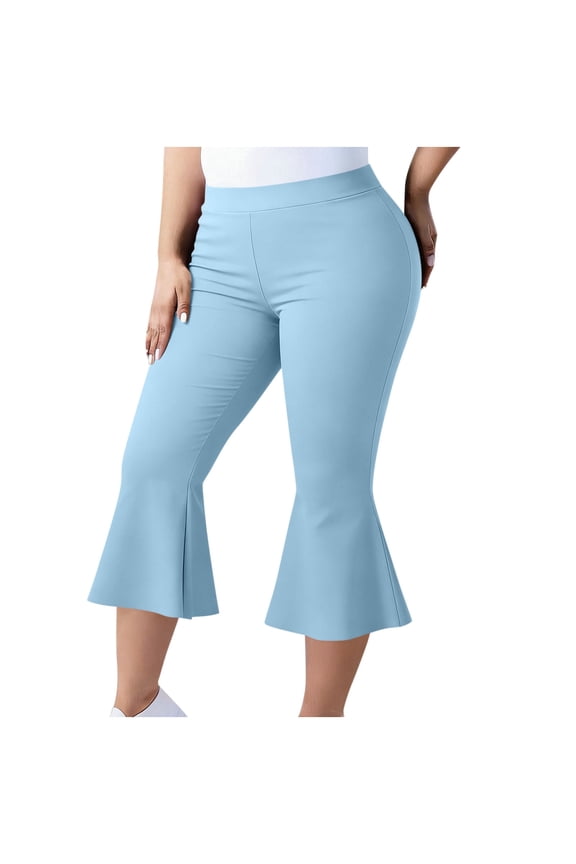 Women's Plus Size Ruffle Capris Pant High Waist Stretch Casual Flare Leg Pants Leggings Bell Bottom Pants