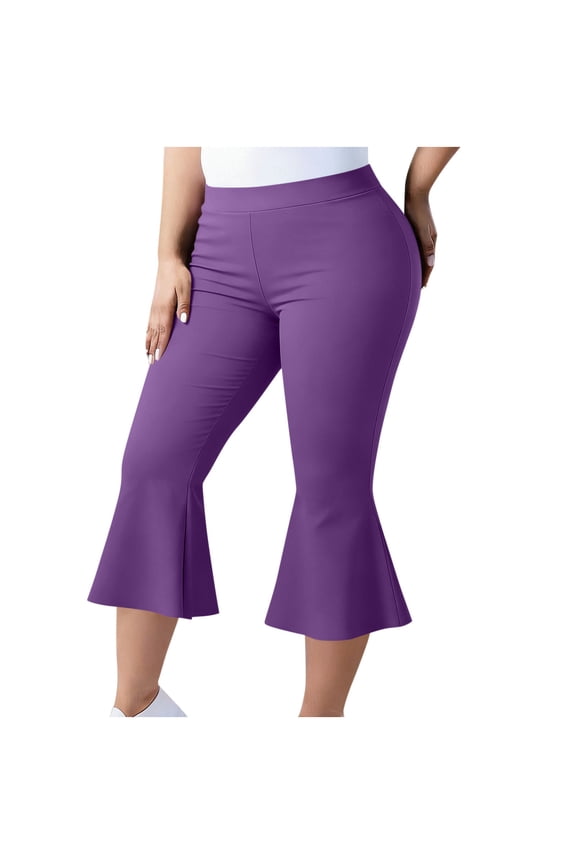Women's Plus Size Ruffle Capris Pant High Waist Stretch Casual Flare Leg Pants Leggings Bell Bottom Pants