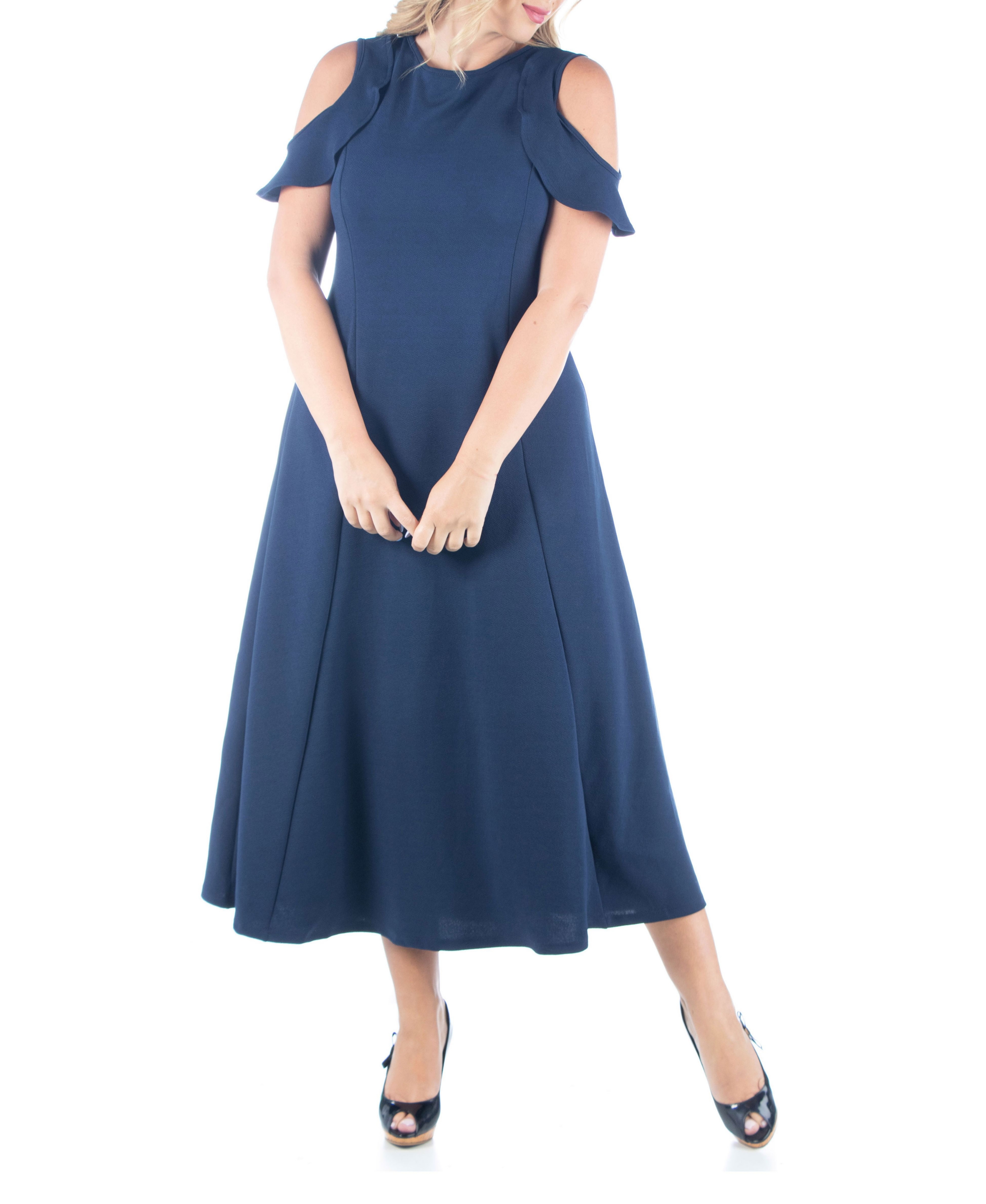 Women's Plus Size Ruffle Cold Shoulder Maxi Dress Navy 1XL