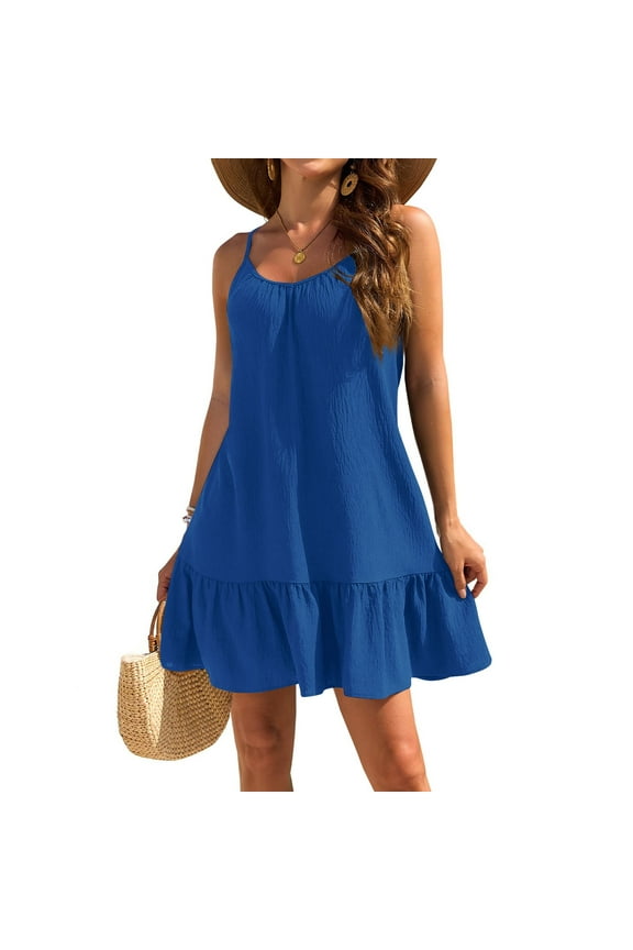 Women's Plus Size Ruffle Hem Cami Mini Dress Spaghetti Strap Swig Flowy Summer Loose Short Dresses Blue 2XL