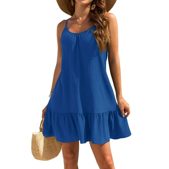 Women's Spaghetti Straps Ruffle Mini Dress Scoop Neck Sleeveless Babydoll Short Dress Flowy Summer Beach Dresses Blue L