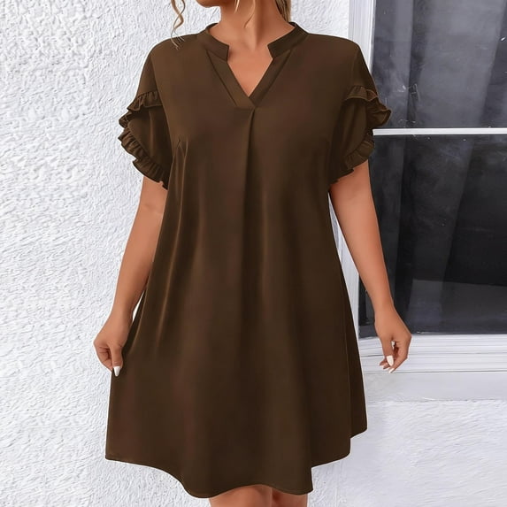 Women's Plus Size Ruffle Sleeve Dress, V Neck Loose Comfortable Maxi Dress, Flattering Casual Dress for All-Day Wear, Coffee - L