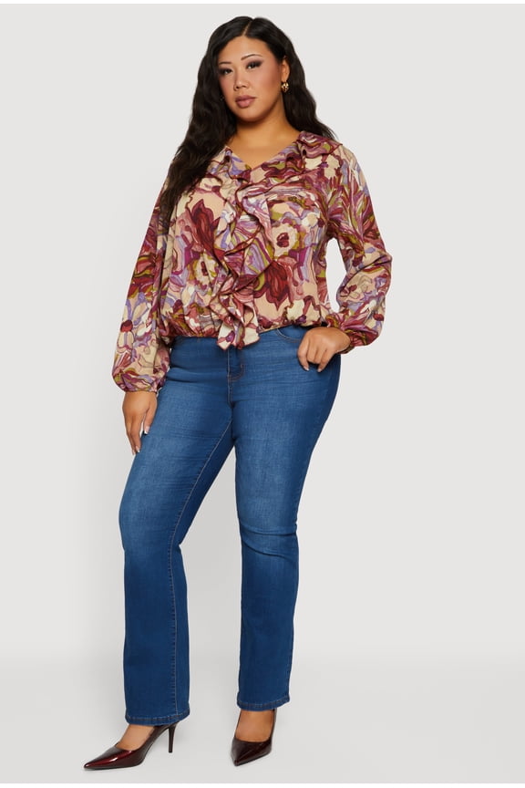 Women's Plus Size Ruffle Trim Printed Pattern V Neck Blouse