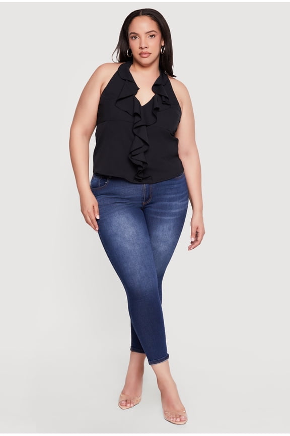 Women's Plus Size Ruffle Trim Tie Back Halter Top