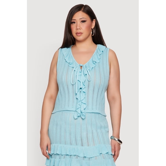 Women's Plus Size Ruffle Trim Tie Detail Crochet Vest