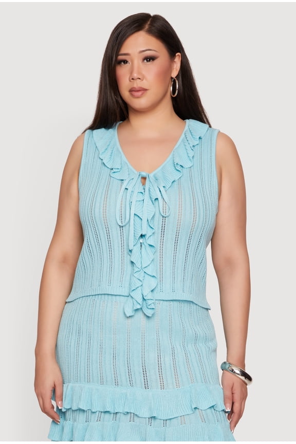 Women's Plus Size Ruffle Trim Tie Detail Crochet Vest