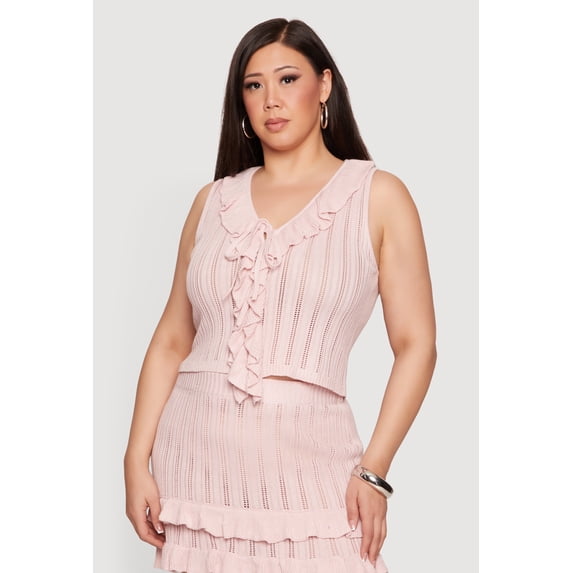 Women's Plus Size Ruffle Trim Tie Detail Crochet Vest