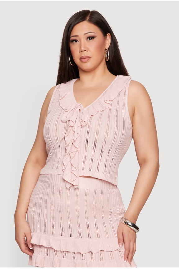 Women's Plus Size Ruffle Trim Tie Detail Crochet Vest