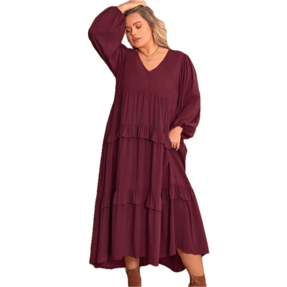 Women's Plus Size Ruffled V Neck Long Sleeve Dress 100% viscose fabric Comfortable and Elegant for Everyday Wear