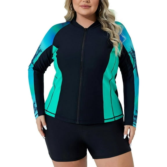 Women's Plus Size Rush Guard Floral Long Sleeve Zip Front Swim Top