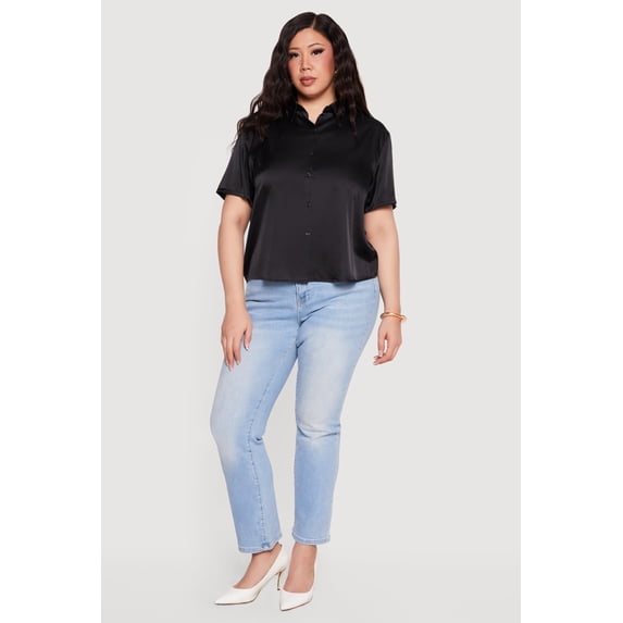 Women's Plus Size Satin Button Front Collared Shirt