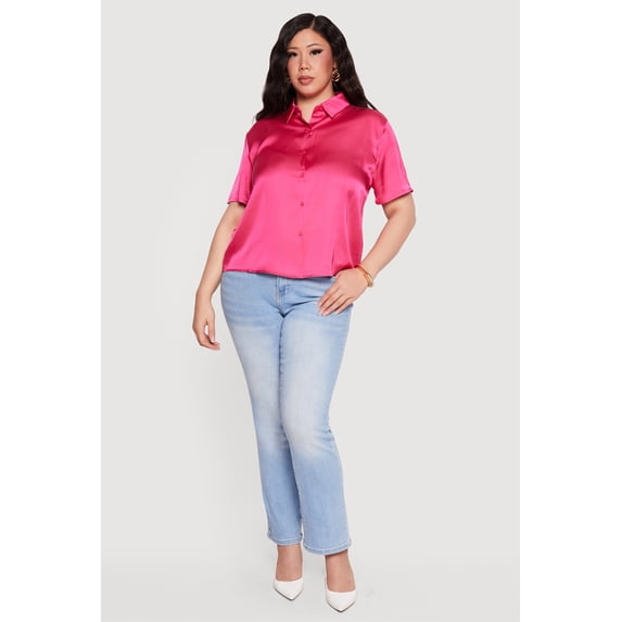 Women's Plus Size Satin Button Front Collared Shirt