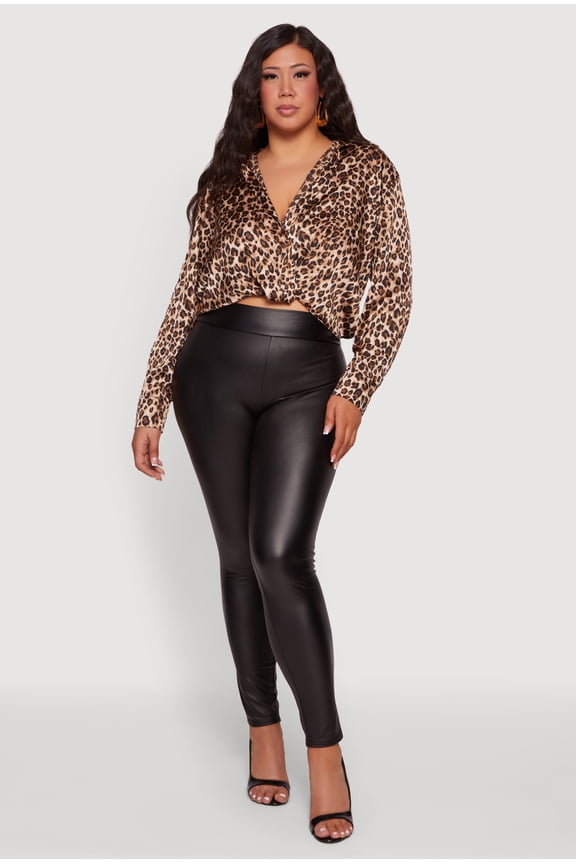Women's Plus Size Satin Leopard Print Faux Wrap Crop Blouse