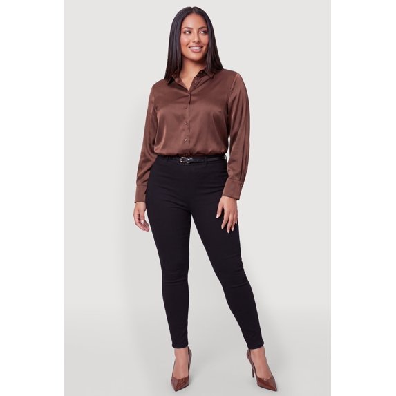 Women's Plus Size Satin Long Sleeve Button Front Shirt