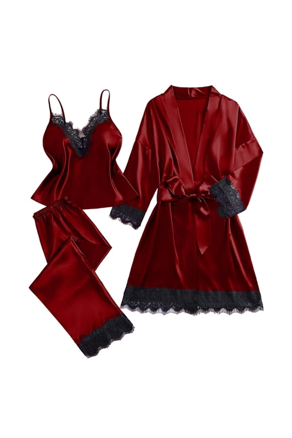 Women's Plus Size Satin Pajama Set Lace-Trim Camisole, Pants & Lightweight Robe 3-Piece Sleepwear Luxury Loungewear