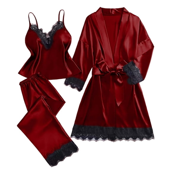 Women's Plus Size Satin Pajama Set Lace-Trim Camisole, Pants & Lightweight Robe 3-Piece Sleepwear Luxury Loungewear