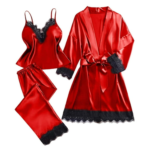 Women's Plus Size Satin Pajama Set Lace-Trim Camisole, Pants & Lightweight Robe 3-Piece Sleepwear Luxury Loungewear