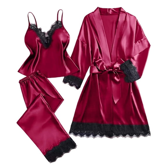 Women's Plus Size Satin Pajama Set Lace-Trim Camisole, Pants & Lightweight Robe 3-Piece Sleepwear Luxury Loungewear
