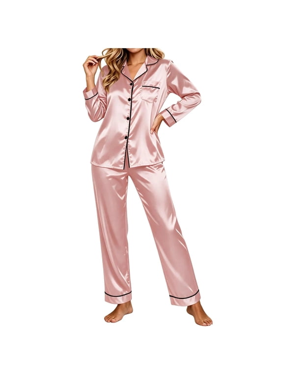 Women's Plus Size Satin Pajama Set Lapel Collar Long Sleeve Button Down Shirts Wide Leg Pants 2 Piece Elegant Piping Trim Silky Loungewear Sleepwear for Ladies Pink