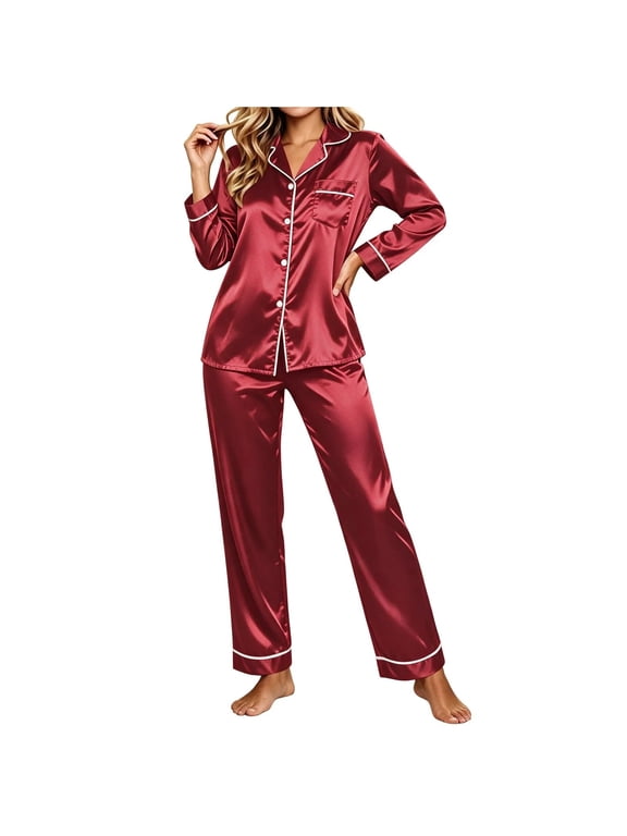 Women's Plus Size Satin Pajama Set Lapel Collar Long Sleeve Button Down Shirts Wide Leg Pants 2 Piece Elegant Piping Trim Silky Loungewear Sleepwear for Ladies Red