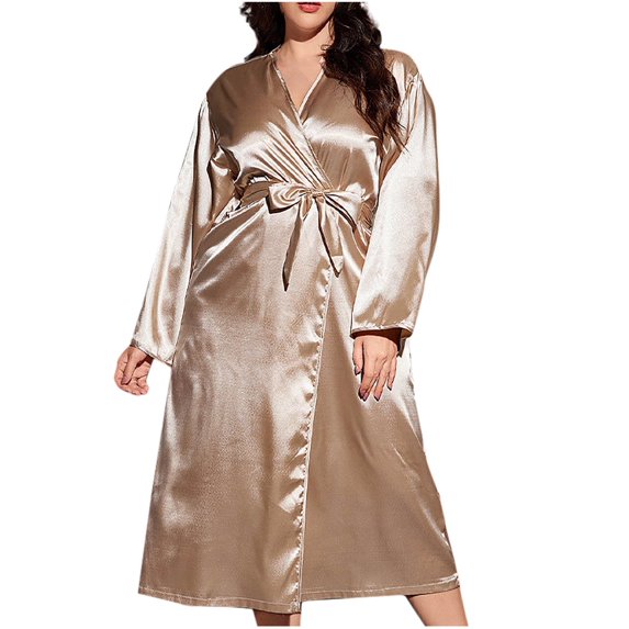 Women's Plus Size Satin Robes Long Sleeve Kimonos Bathrobe Wedding Party Sleepwear Loungewear Nightgown Khaki 3XL