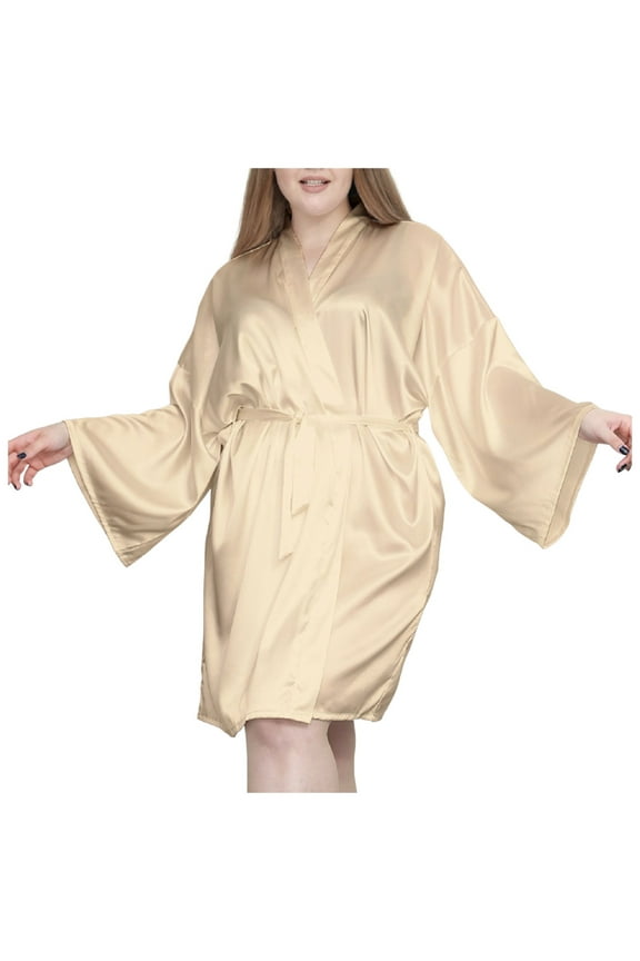 Women's Plus Size Satin Robes - Silky Kimono Sleepwear, Short Length, V Neck, Removable Waist Belt, Inside Ties, Wedding/Spa/Anniversary Gifts, XL-XXXXL Sizes