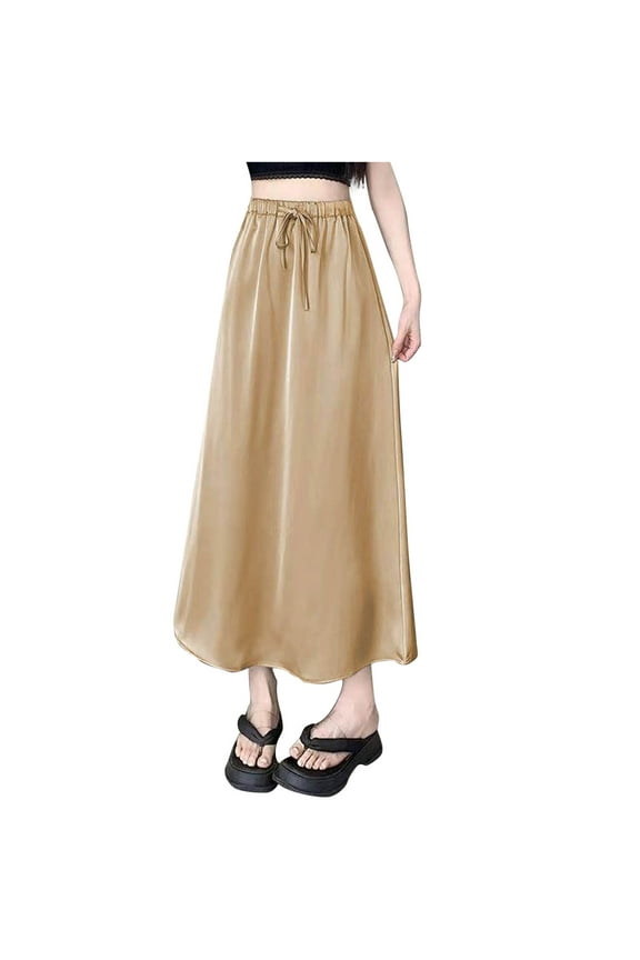 Women's Plus Size Satin Skirts Fashion Solid Color Drawstring High Waisted Skorts Summer Loose Going Out Skirt