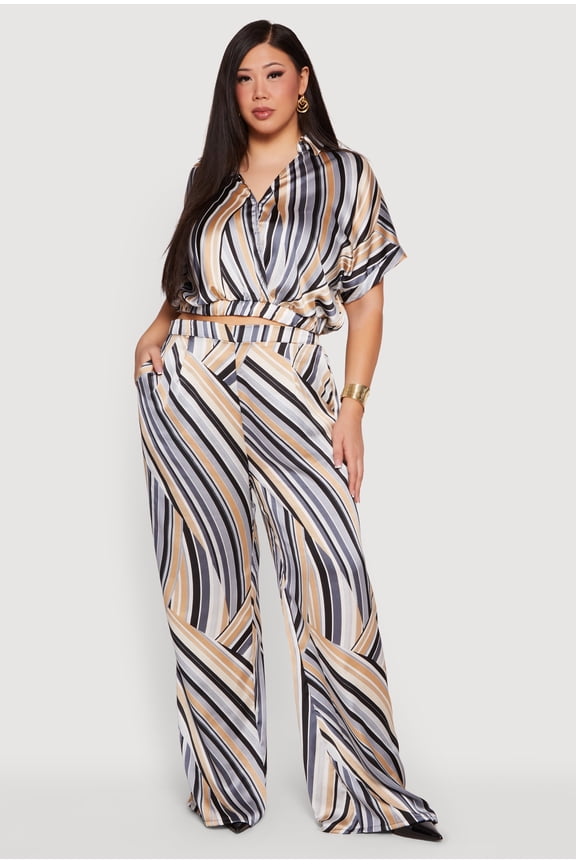 Women's Plus Size Satin Striped High Waisted Wide Leg Pants