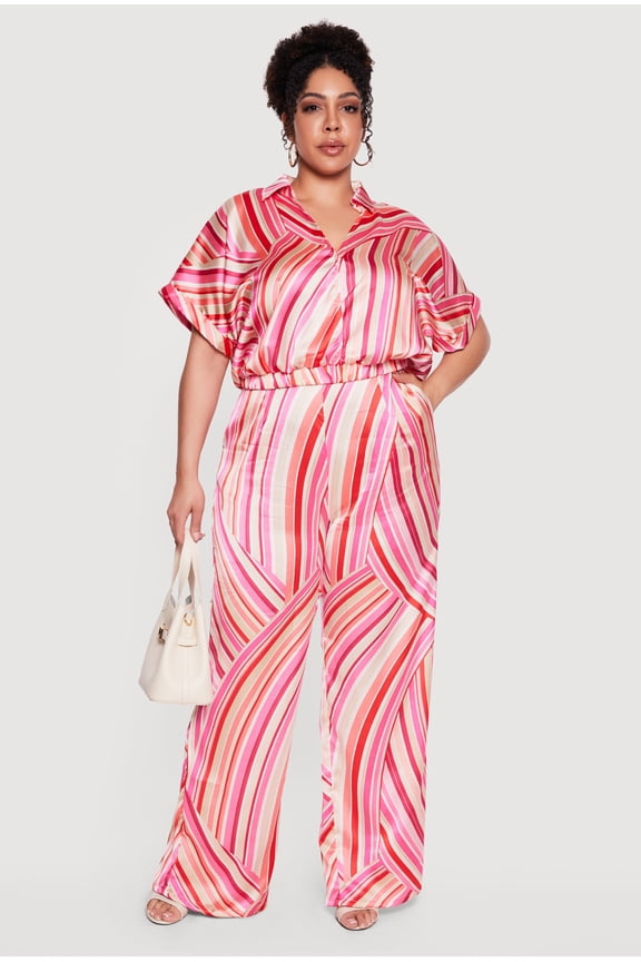 Women's Plus Size Satin Striped High Waisted Wide Leg Pants