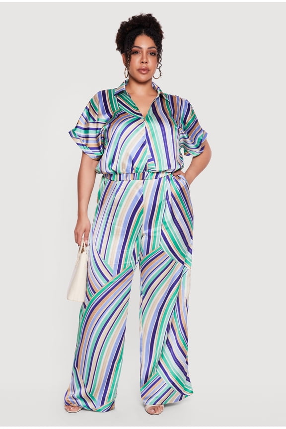 Women's Plus Size Satin Striped High Waisted Wide Leg Pants