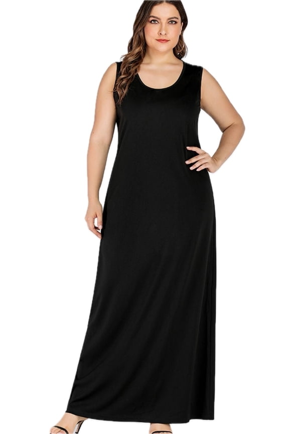 Women's Plus Size Scoop Neck Maxi Tank Dress 95% Polyester 5% Spandex Casual Sleeveless Floor Length Everyday Wear