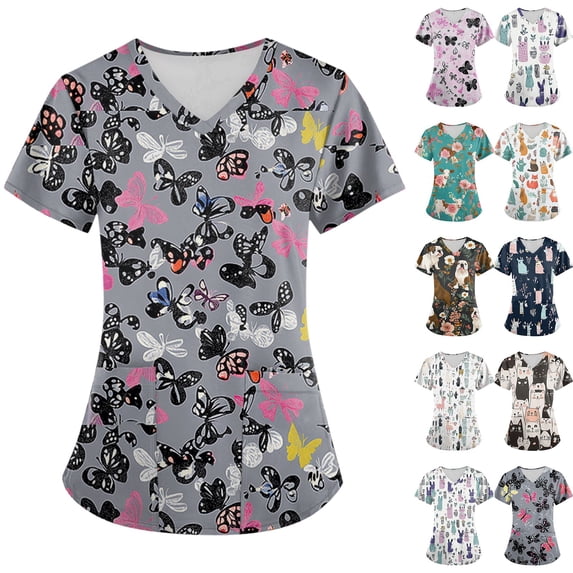 Women's Plus Size Scrub Top Cross V-Neck Short Sleeve Printed Work Uniform with Pockets Nursing Shirt M