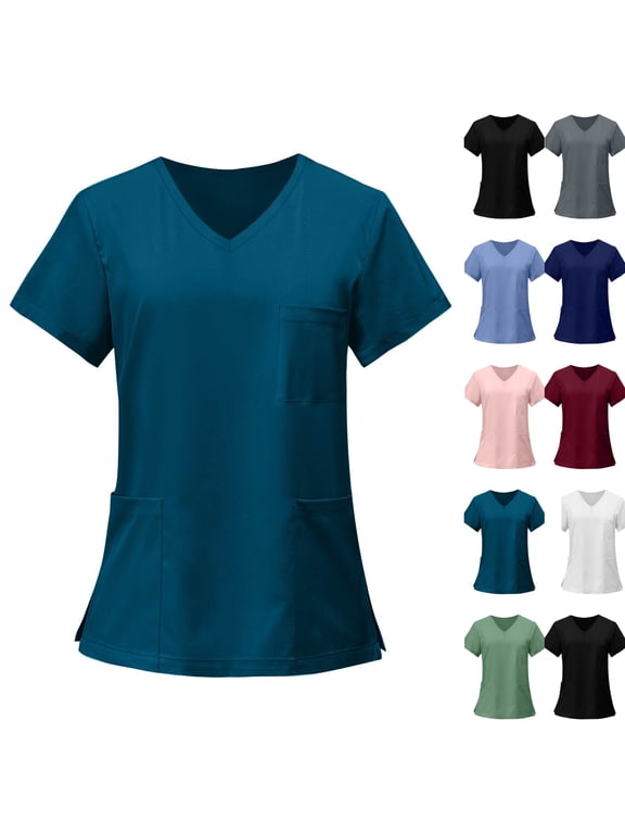 Women's Plus Size Scrub Top Stretch Short Sleeve V-Neck Nursing Uniform Shirt with 3 Pockets,Dark Blue 3XL