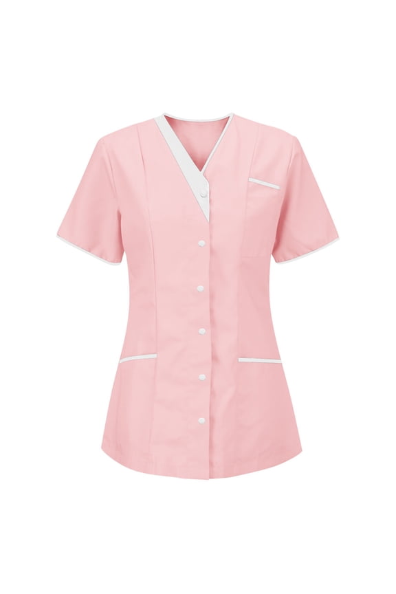 Women's Plus Size Scrub Tops Button Down V-Neck Short Sleeve Durable 4-Way Stretch Nursing Uniform Modern Fit with Pockets for Spa Esthetician & Dental