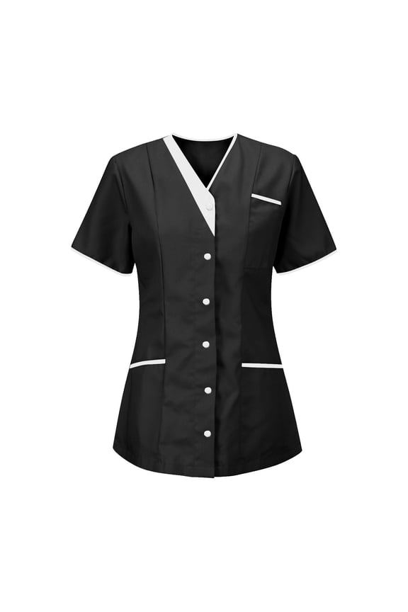 Women's Plus Size Scrub Tops Button Down V-Neck Short Sleeve Durable 4-Way Stretch Nursing Uniform Modern Fit with Pockets for Spa Esthetician & Dental