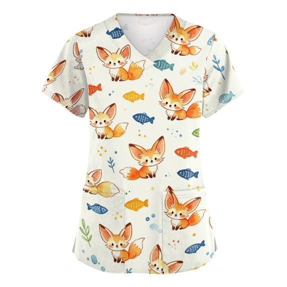 Women's Plus Size Scrub Tops Loose Fit Animals Print V Neck Pocketed Healthcare Shirts